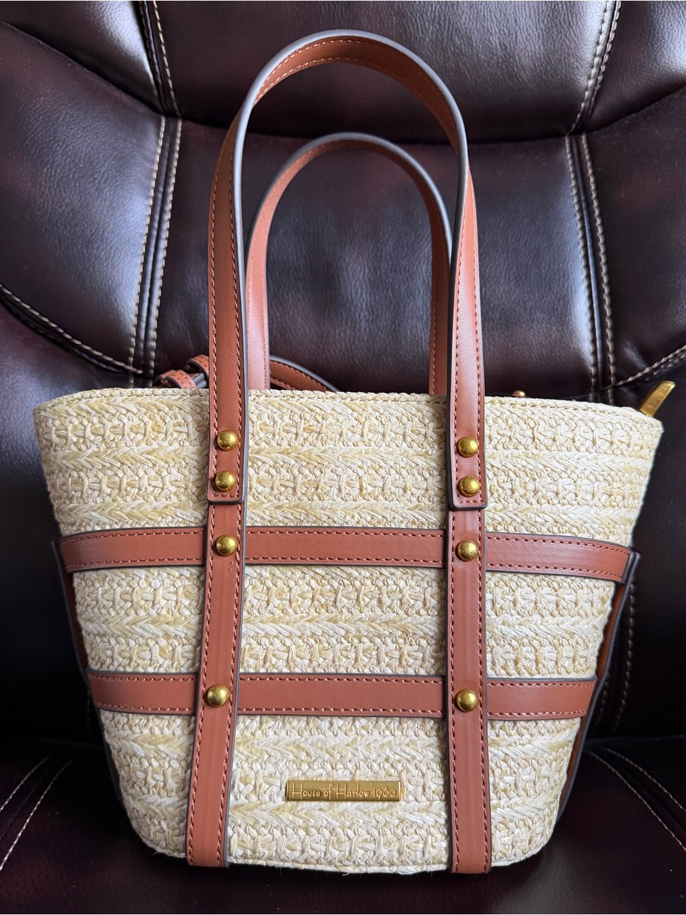 NEW House of Harlow 1960 Cream Woven Tote with Brown Trim and Gold Accents